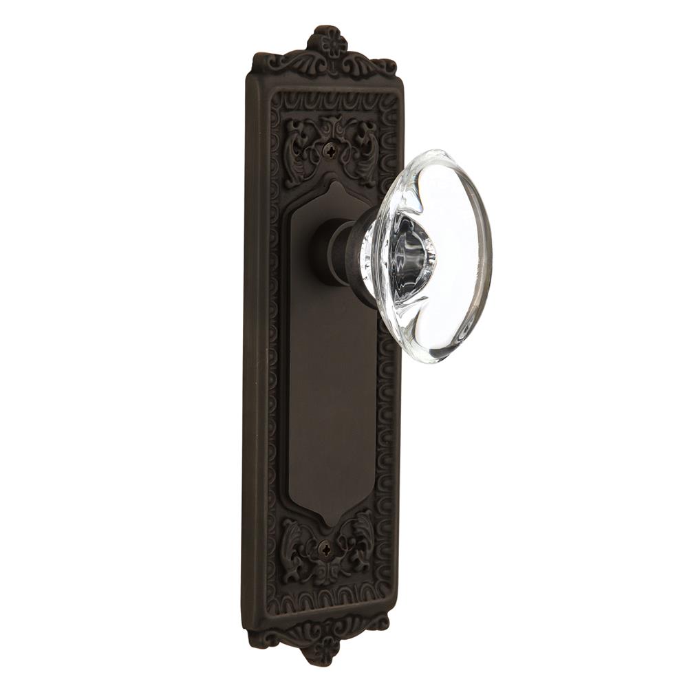 Nostalgic Warehouse EADOCC Privacy Knob Egg and Dart Plate with Oval Clear Crystal Knob without Keyhole in Oil Rubbed Bronze